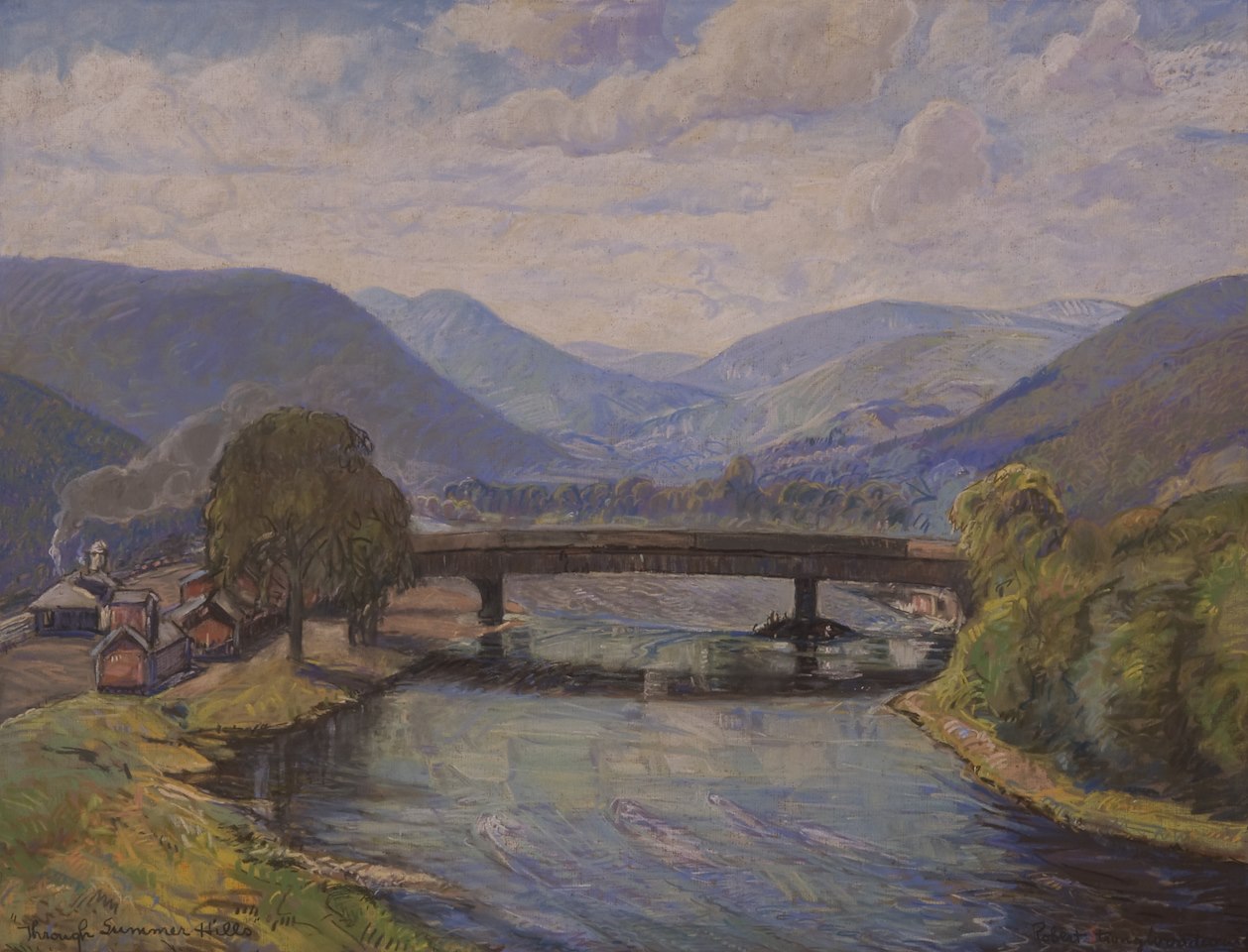 pastel drawing of bridge over river with mountains in background