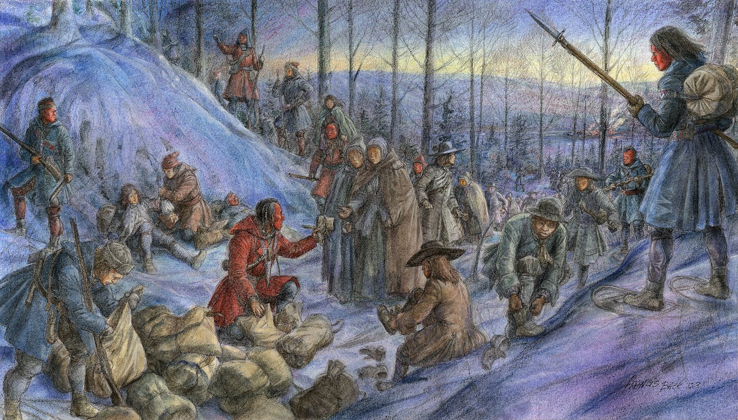 colored pencil illustration of people wearing colonial-era clothing marching through a snowy valley
